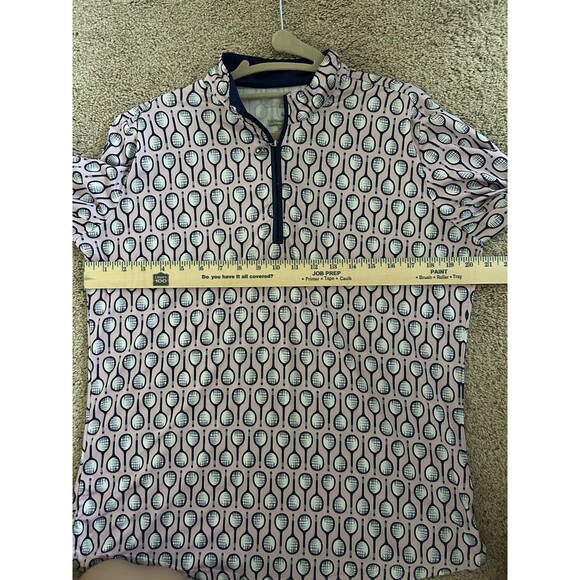 SanSoleil UPF 50+ 1/4 Zip Top with a Pink and Navy Racket Print Size Large Golf - Picture 5 of 9